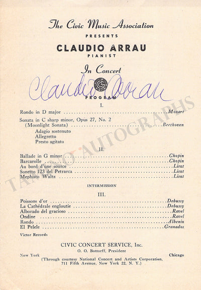 Arrau, Claudio - Signed Program New York & Playbill