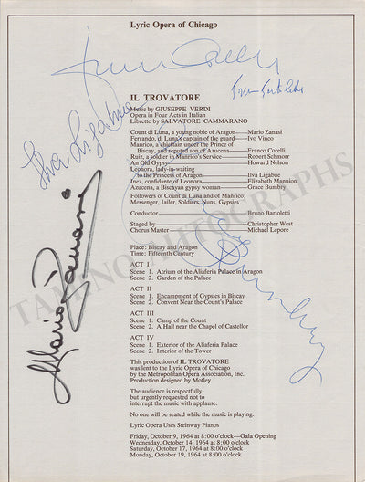 Corelli, Franco - Bumbry, Grace & Others - Signed Cast Page Il Trovatore 1964