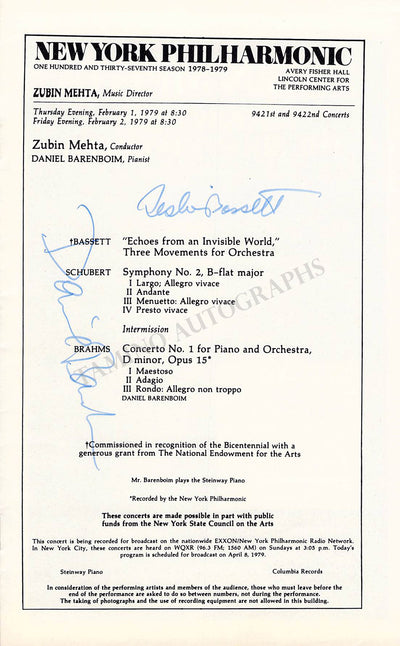 Barenboim, Daniel - Bassett, Leslie - Signed Program New York 1979