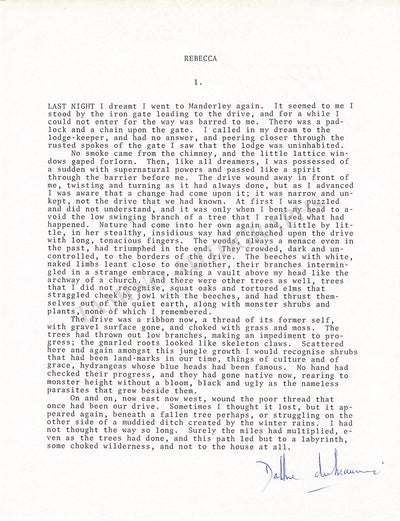 Du Maurier, Daphne - Typed Fragment from "Rebecca" Signed