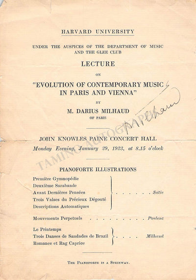 Milhaud, Darius - Signed Program Harvard 1923