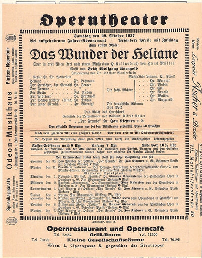 Korngold, Erich - Program "Das Wunder der Heliane" Vienna 1927