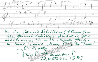 Diamond, David - Autograph Music Quote Signed 1989