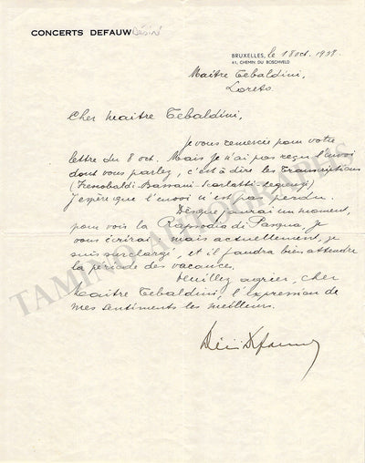Defauw, Desire - Autograph Letter Signed 1938
