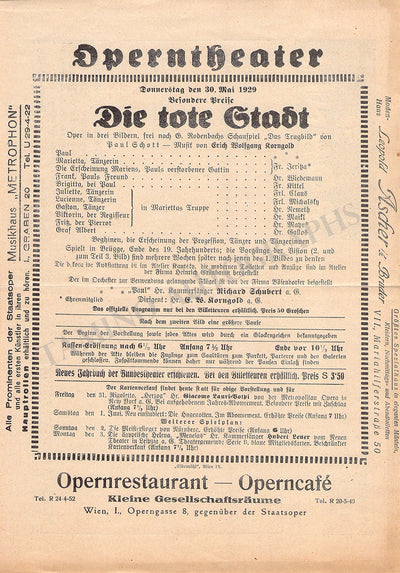 Korngold, Erich W. - Die tote Stadt Program Page Vienna 1929