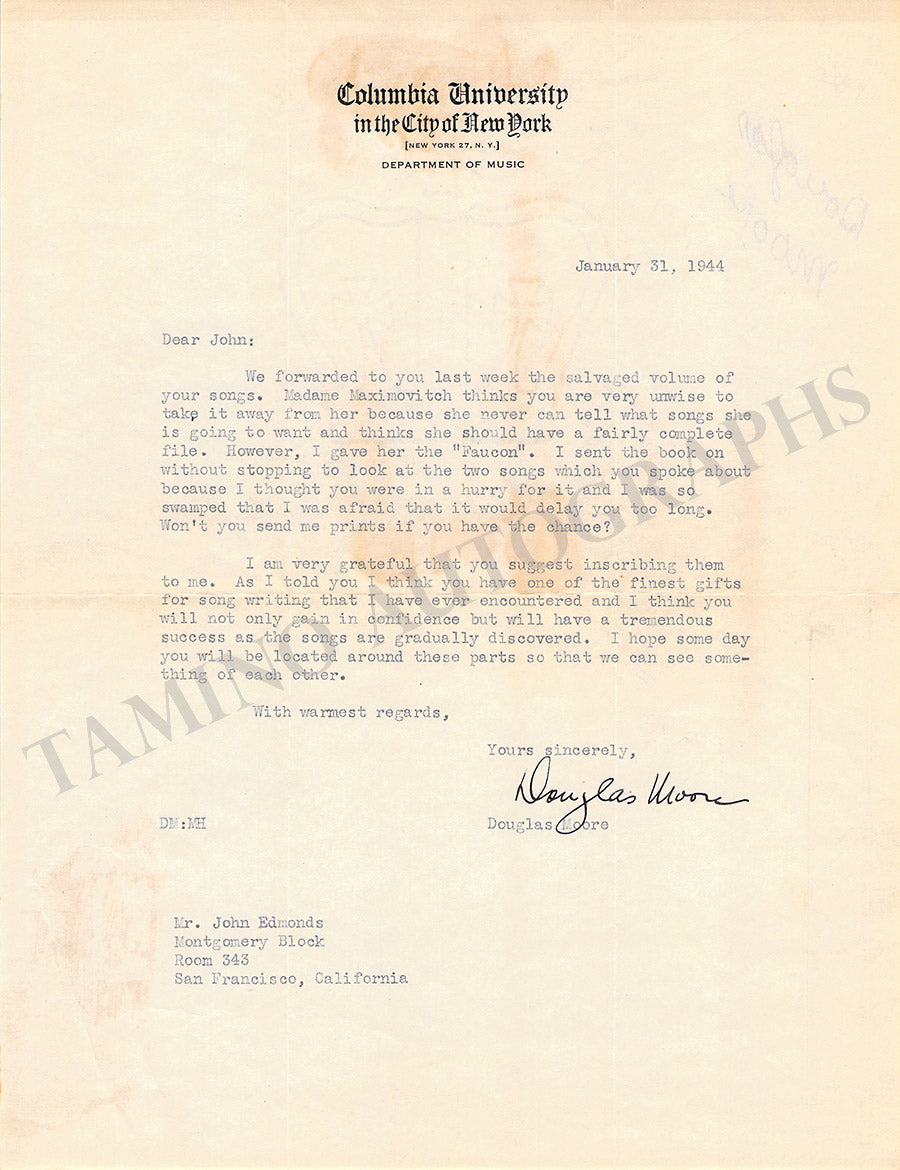 Douglas Moore Autograph Typed Letter Signed 1944 – Tamino