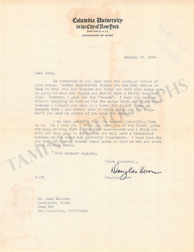 Moore, Douglas - Typed Letter Signed 1944