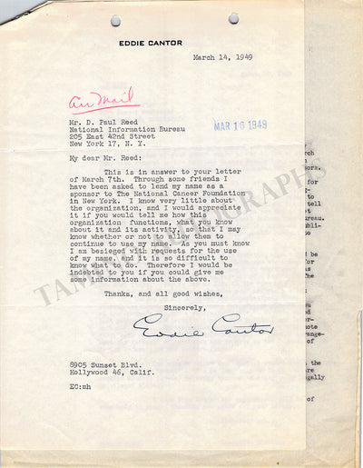 Cantor, Eddie - Typed Letter Signed 1949