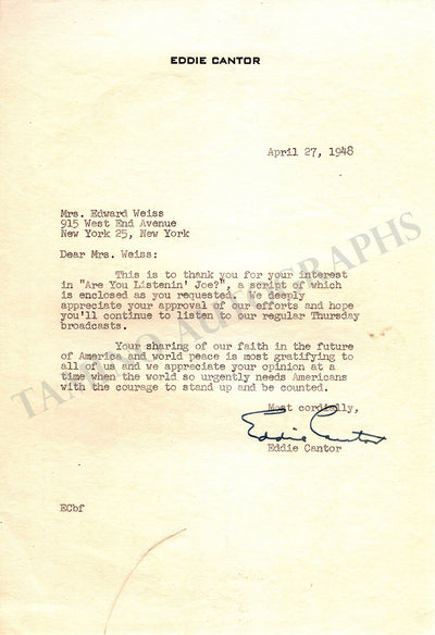 Cantor, Eddie - Typed Letter Signed 1948 & Libretto