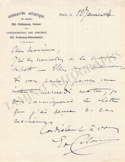 Colonne, Edouard - Autograph Note Signed 1884