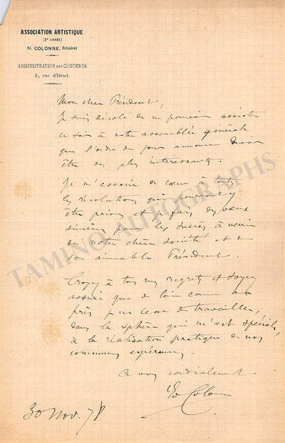 Colonne, Edouard - Set of 2 Autograph Letters & Cards