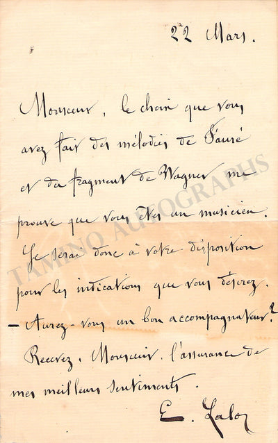 Lalo, Edouard - Autograph Letter Signed