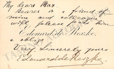 De Reszke, Edouard - Autograph Note on Card