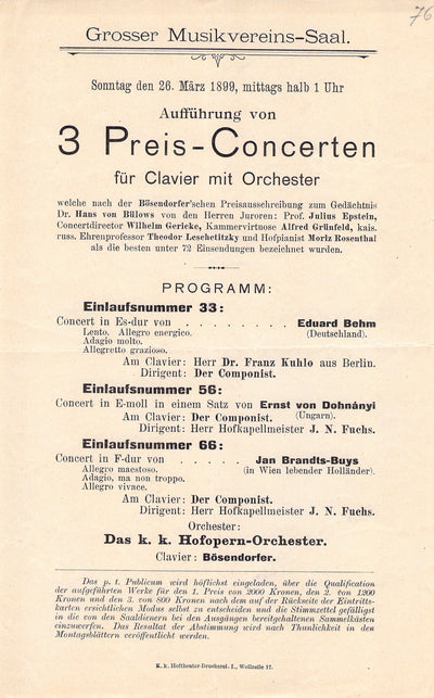 Behm, Eduard - Dohnanyi, Ernst von & Other - Concert Program Vienna 1899
