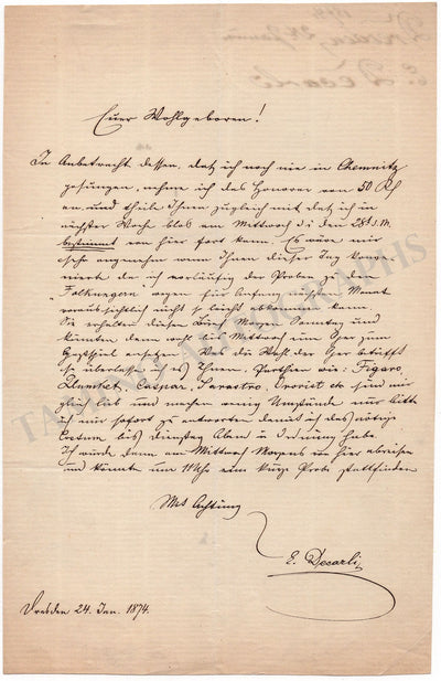 Decarli, Eduard - Autograph Letter Signed 1874