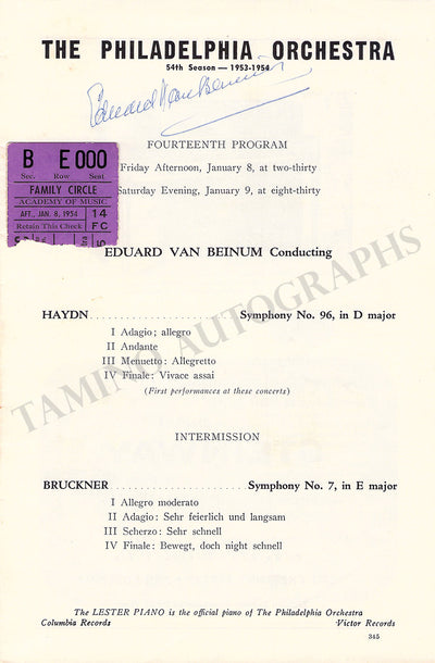 Beinum, Eduard van - Set x 2 Signed Program Pages Philadelphia 1954