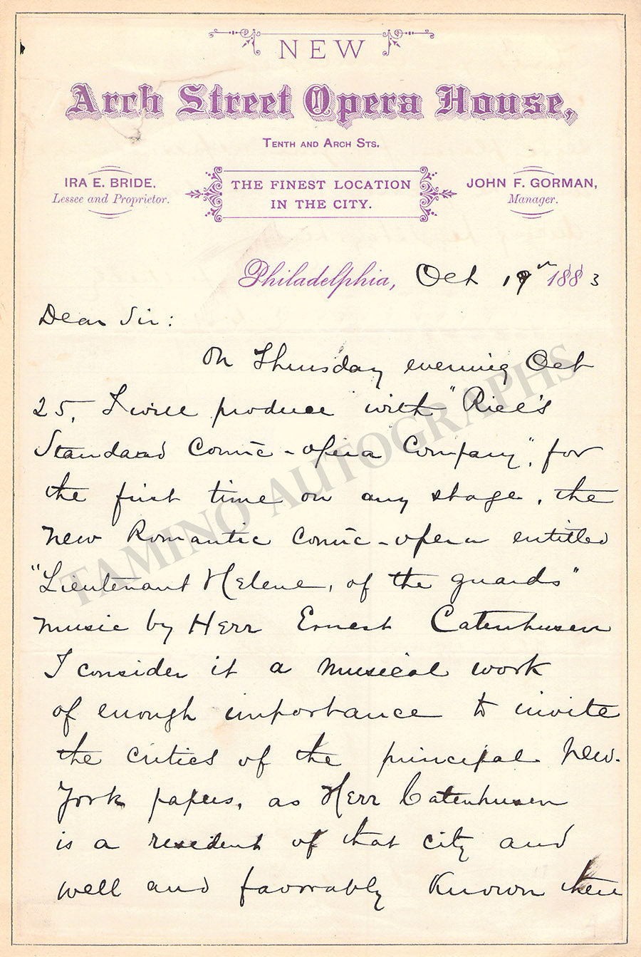 Edward E. Rice Autograph Letter Signed 1883 – Tamino