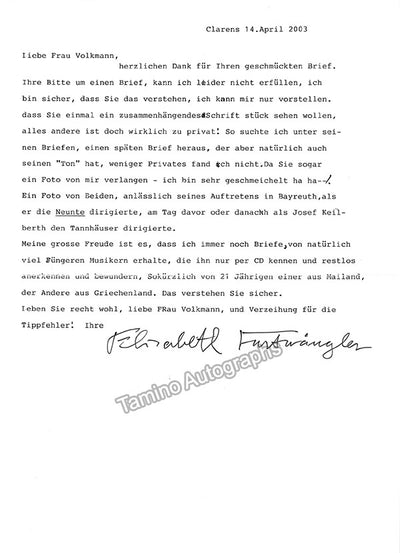 Furtwängler, Elisabeth - Typed Letter Signed 2003