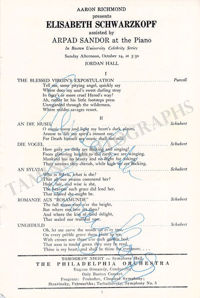 Schwarzkopf, Elisabeth - Signed Programs (Various Options)