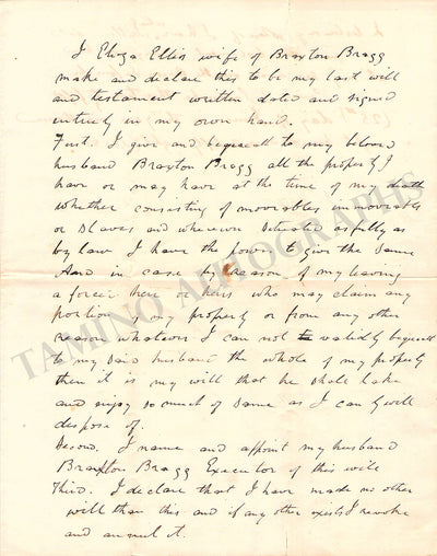 Brooks Ellis, Eliza - Autograph Testament