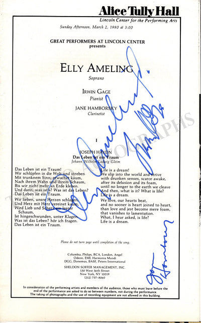 Ameling, Elly & Others - Signed Program New York 1980
