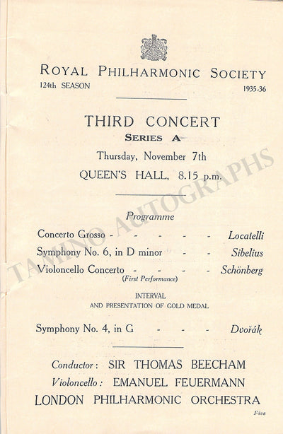 Feuermann, Emanuel - Concert Program London 1935