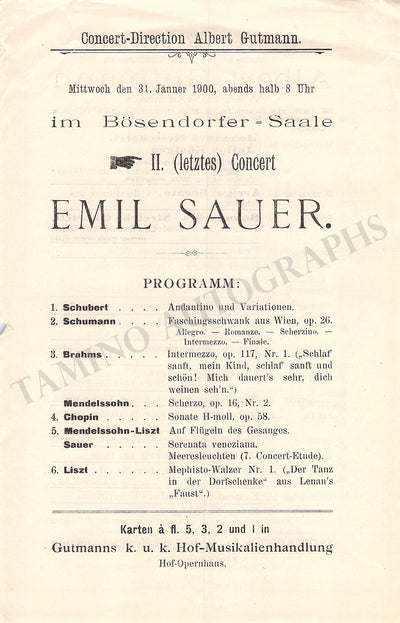 Sauer, Emil - Concert Program Vienna 1900