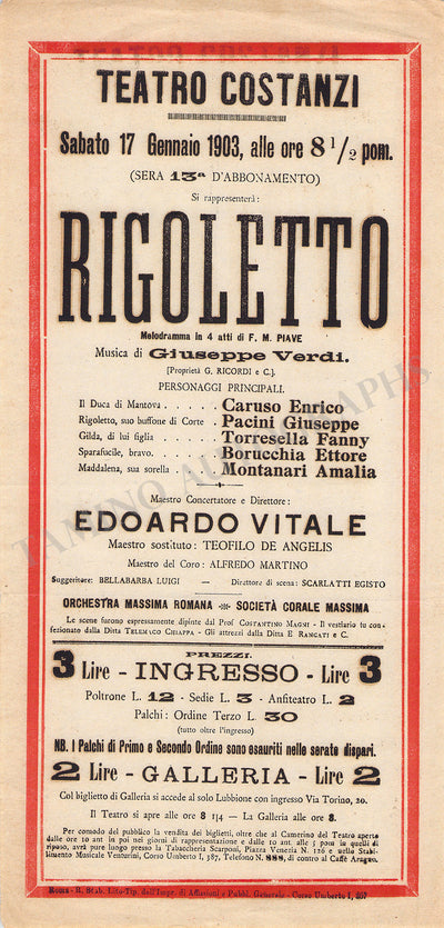 Caruso, Enrico - Playbill Rigoletto Teatro Costanzi 1903