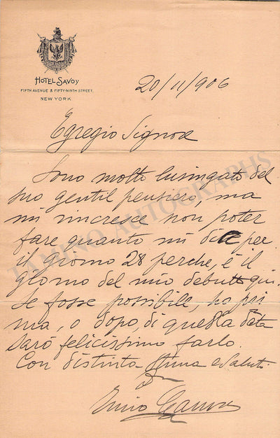 Caruso, Enrico - Set of 2 Autograph Letters Signed 1906