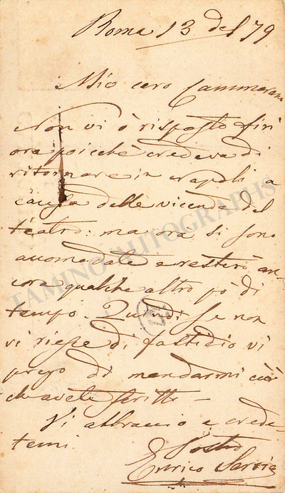 Sarria, Enrico - Autograph Letter Signed on Postcard 1879