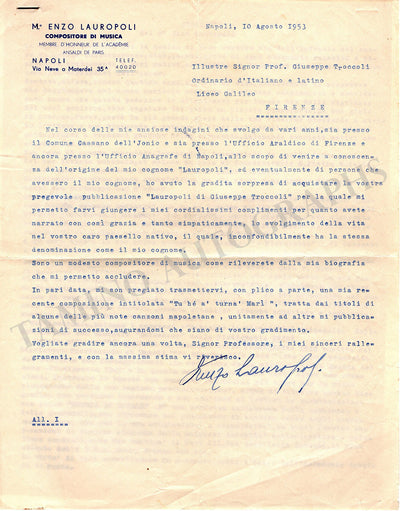 Lauropoli, Enzo - Typed Letter Signed 1953