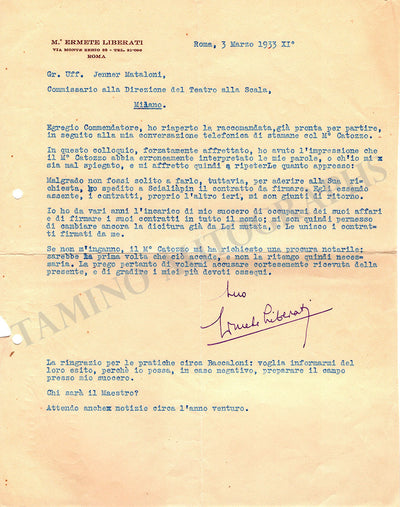 Liberati, Ermete - Typed Letter Signed 1933