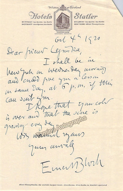 Bloch, Ernest - Autograph Note Signed 1920