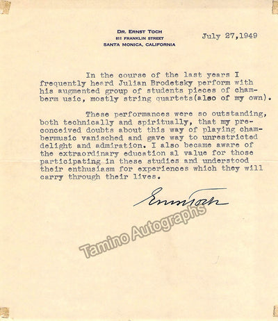 Toch, Ernst - Typed Letter Signed 1949
