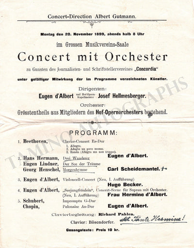 D'Albert, Eugen - Concert Program Vienna 1899