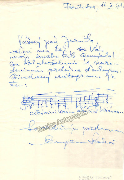 Suchon, Eugen - Autograph Letter Signed 1971 & Music Quote