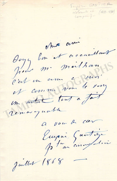 Gautier, Eugene - Autograph Note Signed 1868