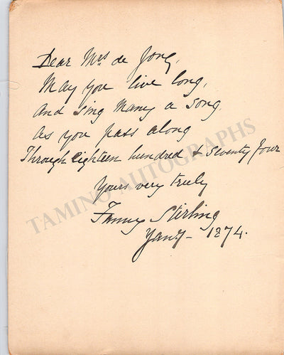 Stirling, Fanny - Signed Album Page with a Poem 1874