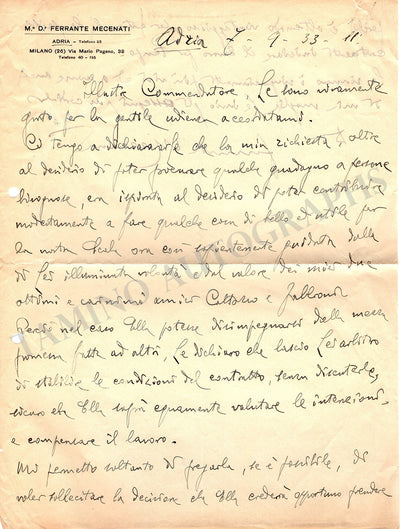 Mecenati, Ferrante - Autograph Letter Signed 1933