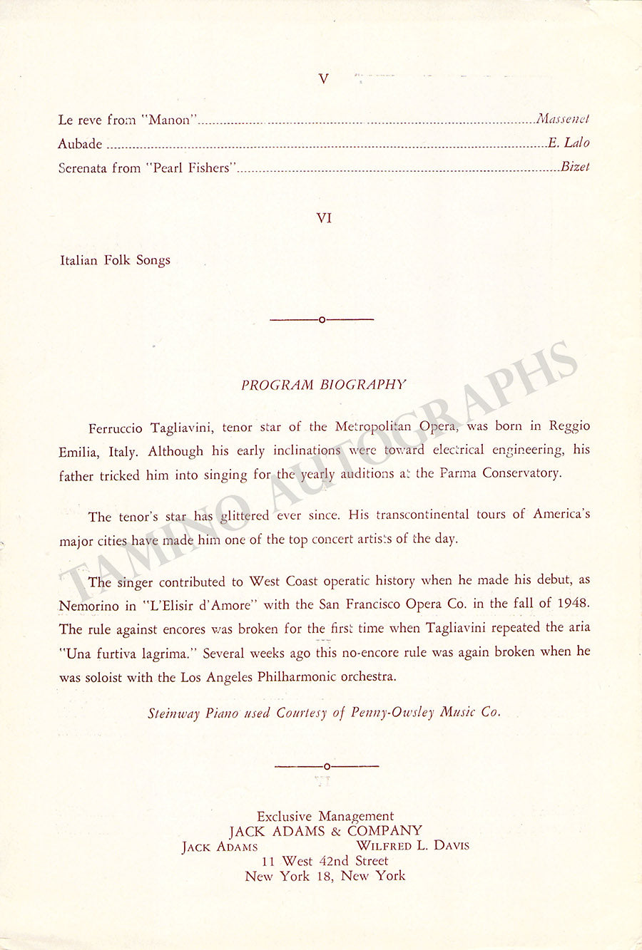 Tagliavini, Ferruccio - Signed Program New York 1951