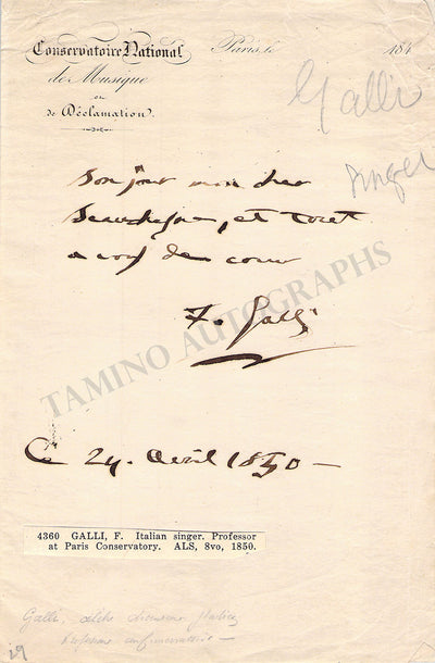 Galli, Filippo - Autograph Note Signed 1850