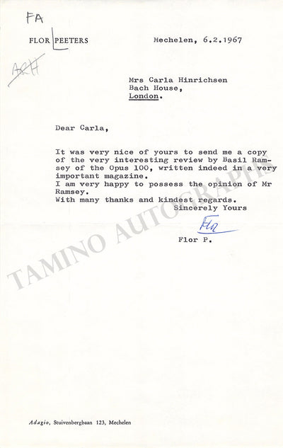 Peeters, Flor - Typed Letter Signed 1967