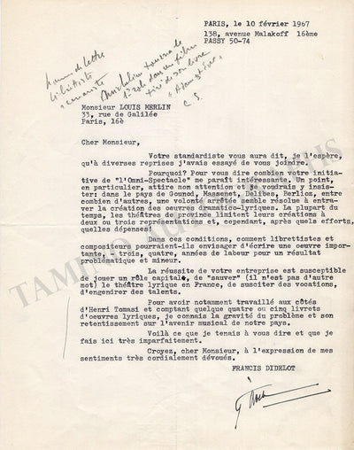 Didelot, Francis - Typed Letter Signed 1967