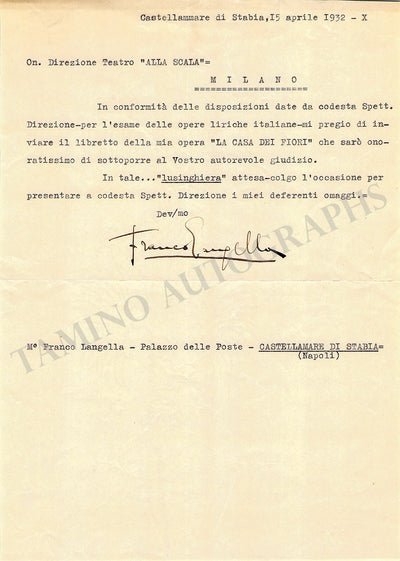 Langella, Franco - Typed Letter Signed 1932