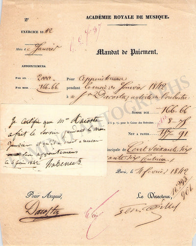 Habeneck, Francois-Antoine - Signed Document 1842