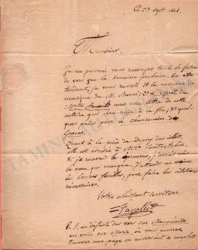 Fayolle, Francois-Joseph-Marie - Autograph Letter Signed 1812