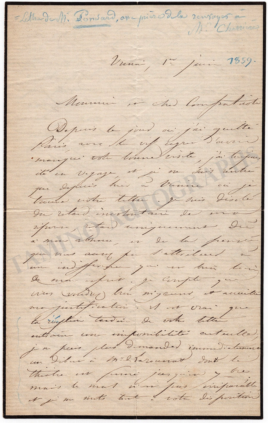 Pons Letter Francois Ponsard Autograph Letter Signed 1859