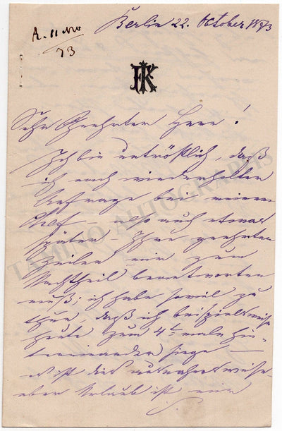 Krolop, Franz - Autograph Letter Signed 1893