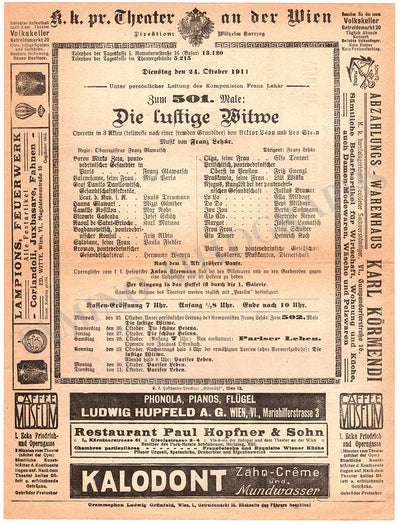 Lehar, Franz - Program Page Vienna 1911 "Die Lustige Witwe"