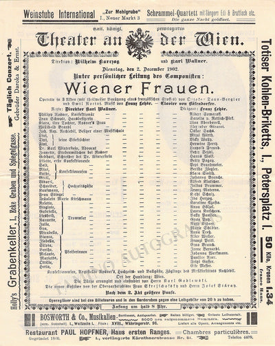 Lehar, Franz - Program Page "Wiener Frauen" Vienna 1902